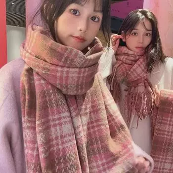 Korean Style Plaid Scarf: Dark Blue, Light Blue & Pink Dried Roses Design - All-Match Warm Scarf for Women & Students