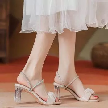Korean Style Versatile Sandals 2024 Spring New Fashion Open Toe Crystal Heels Women s Shoes Daily One Shoe Two Wears Comfortable 35 абрикосовый