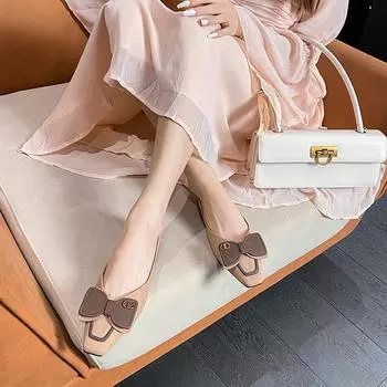 Korean Version 2024 New Square-headed Flat Shoes Bowknot Metal Comfortable Soft Bottom Ladybug Shoes Large Women s Shoes 41-43 34 верблюд