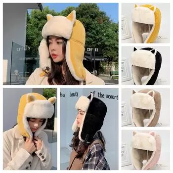 Korean version autumn and winter velvet warm and cute cat ear Lei Feng hat windproof and cold proof ear protection hat for women чёрный