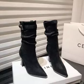 Korean version of fashion pleated medium tube stiff heel piled boots women s 2024 autumn belt buckle suede pointed high heel short boots 34 хаки