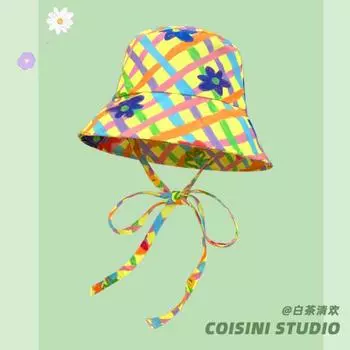 Korean Version of Fresh Plaid Printing Bucket Hats for Women Summer Thin Breathable Travel Versatile Sweet Strap Basin Caps 56-58cm жёлтый