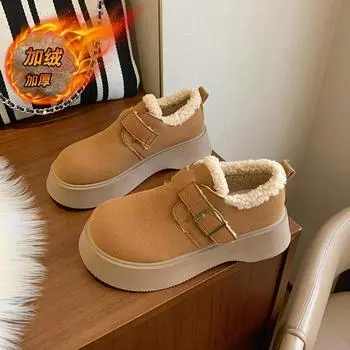 Korean version of muffin thick-soled fluffy shoes for women s new outer wear round head warm and velvet fashionable casual cotton shoes 35