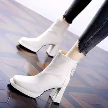 Korean version waterproof table square head high-heeled boots 2024 autumn and winter new non-slip thick heel short boots temperament Martin boot 35 чёрный
