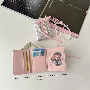 Корейская балетная лента INS с бантом из серебристого ПУ-кожи, сумка для карт Chic Girls Kpop, 3-дюймовый держатель для фотокарт, женский кошелек для монет, держатель для кредитных карт