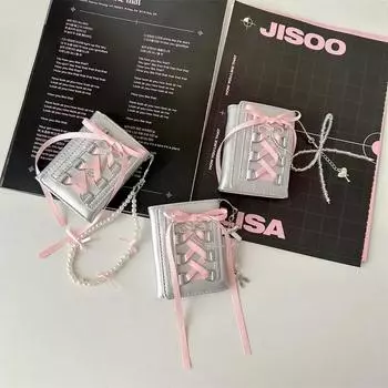 Корейская балетная лента INS с бантом из серебристого ПУ-кожи, сумка для карт Chic Girls Kpop, 3-дюймовый держатель для фотокарт, женский кошелек для монет, держатель для кредитных карт