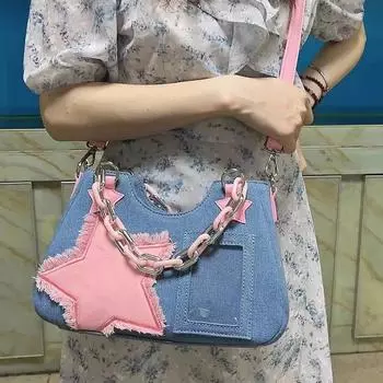 Корейская мода, сумка через плечо, подмышки, Harajuku Star, джинсовая сумка, женская сумка на цепочке, кошельки на молнии, женские сумки 2023, роскошная квадратная сумка