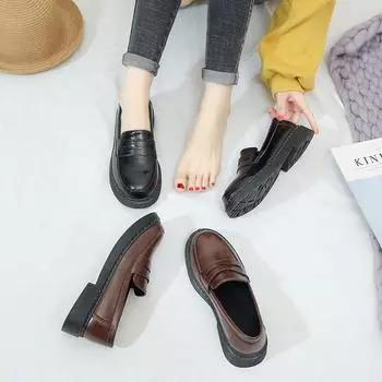 Корейская пара британских туфель-лоферов Slip-On: Большие размеры, широкая посадка, классические кожаные туфли в студенческом стиле Female 36 кофейный