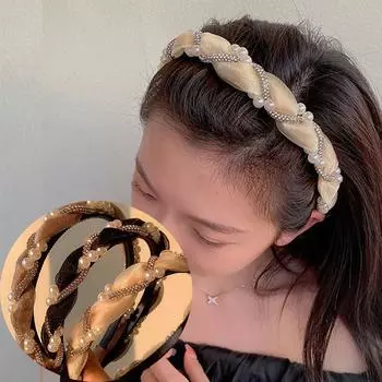 Корейская повязка на голову с двойным жемчугом и стразами, кружевная плетеная повязка для волос, обруч для волос, ободок с кристаллами, повязки на голову для женщин и девочек, аксессуары для волос чёрный