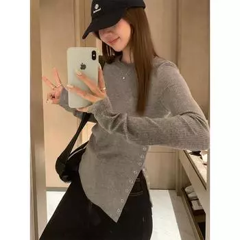 Корейская серая футболка с круглым вырезом и длинными рукавами для женщин на осень и зиму, новая рубашка с разрезом на пуговицах и верхом S