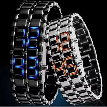 Корейская версия модных светодиодных часов Lava Steel Band Watch - крутые студенческие мужские повседневные наручные часы с цепочкой red light чёрный