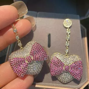 Корейские популярные женские серьги с бантом, розовые девчачьи серьги с бантом, длинные блестящие висячие серьги с кубическим цирконием, оптовая продажа