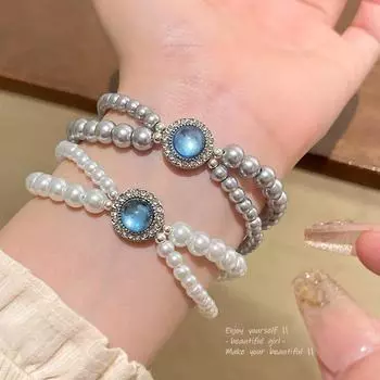 Корейский браслет Dreamy Blue Zircon & Pearl для женщин - Элегантный дизайн креста S546 белый
