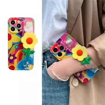 Корейский милый 3d браслет с подсолнухом, мягкий чехол для Iphone 14 13 12 11 Pro Max, цветной браслет с цветочным принтом, противоударный чехол, чехол For iPhone 11Pro Max