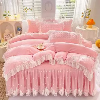 Корейский молочный бархатный комплект постельного белья Queen King Size, 4 предмета, зимний комплект пододеяльников, юбка с рюшами, мягкое покрывало с 2 наволочками 1.5x2m-59x79inch bed синий