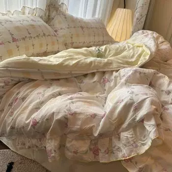 Корейский принцесса пододеяльник комплект постельного белья из хлопка, приятный для кожи, комплект из четырех предметов, кружевной комплект постельного белья, простыни, покрывало 150x200 3pcs