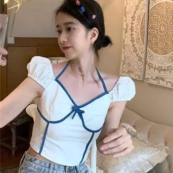 Корейский стиль женщин Tee Рубашка V Шеи Slim Сексуальная экспозиция Пуф короткие рукава Halter футболку Топы S