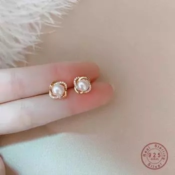 Корея Ins Изысканные серьги-гвоздики из стерлингового серебра S925 с кристаллами и жемчугом для женщин, благородный элегантный подарок на день рождения, ювелирные изделия золотой