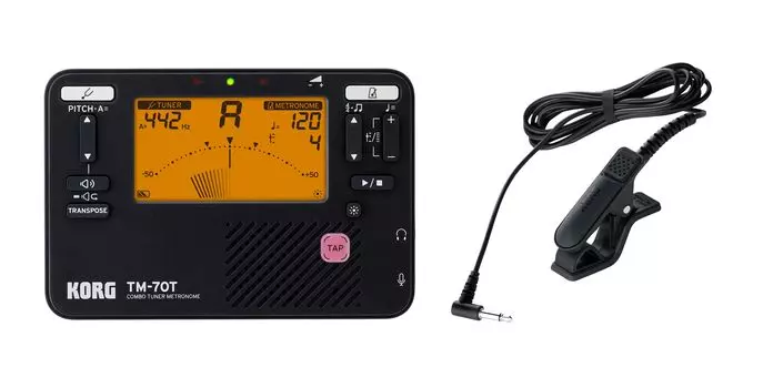 KORG Тюнер и метроном TM-70C с контактным микрофоном, режимом вывода звука, режимом транспонирования, хроматическим режимом - черный