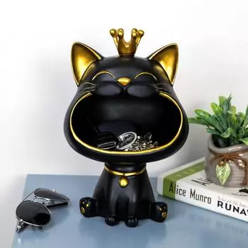 Коробка для хранения фигурок кошек, большие ртов из смолы, статуэтка кошки, креативный контейнер для мелких предметов, милые аксессуары для хранения на рабочем столе чёрный