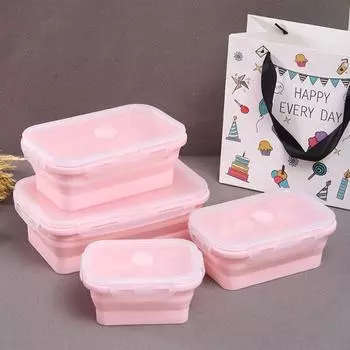 Коробка для обеда в микроволновой печи с крышкой, коробка для хранения продуктов, складной силиконовый контейнер для еды, холодильник 355ml розовый