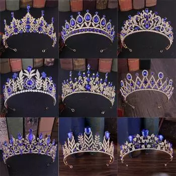 Королева Большая Большая Тиара Свадебная Корона Свадебная Диадема Синие Кристаллы Стразы Украшения Для Головы Головной Убор Свадебные Аксессуары Для Волос
