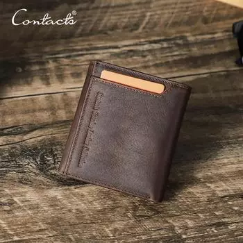 Короткие кошельки CONTACT S из натуральной кожи в стиле ретро для мужчин, тройные держатели для карт RFID, кошельки на молнии, зажимы для денег, мужские мини-кошельки