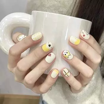 Короткие круглые накладные ногти с клеем, симпатичная собака корги, забавные желтые короткие акриловые накладные ногти, многоразовые ногти XS