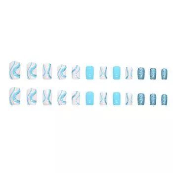 Короткие накладные ногти, 24 шт., квадратные, синие, белые, 10 мл One Size синий
