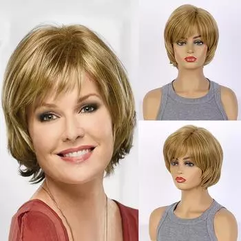 Короткие прямые парики Ombre Blonde Blonde Bob Wigs Женский синтетический парик с челкой Ежедневное использование Косплей Волосы Термостойкий парик золотисто-коричневый