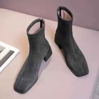Короткие замшевые сапоги с квадратным носком, женские, осенне-зимние, эластичные, с толстым каблуком, на молнии сзади, ботильоны, модные, серые, черные, Botas De Mujer 35 чёрный