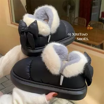 Короткие зимние ботинки Bow Knot для женщин, зимние плюшевые и толстые, с утеплителем, водонепроницаемые, хлопковые, домашние тапочки для женщин 36-37 чёрный