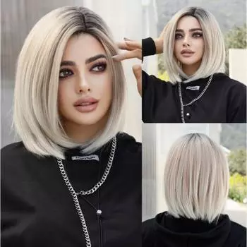 Короткий парик Ombre Blonde Bob для женщин, повседневная вечеринка, натуральная синтетическая боковая часть с темными корнями, прямые термостойкие парики золотистый