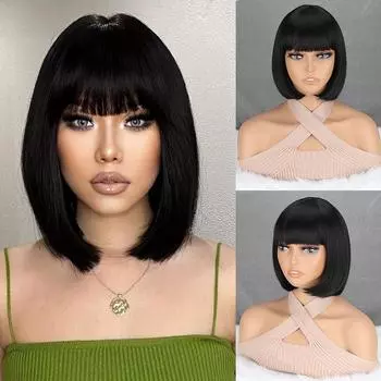 Короткий прямой парик с челкой Ombre Brown Black Синтетические волокнистые парики для женщин Повседневная одежда Косплей 25 CM