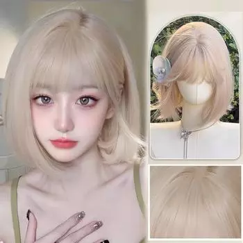 Короткий прямой синтетический парик из бежевых волос BOBO Head, нежный пушистый, косплей, прямая челка, лолита, парик для вечеринки 33CM