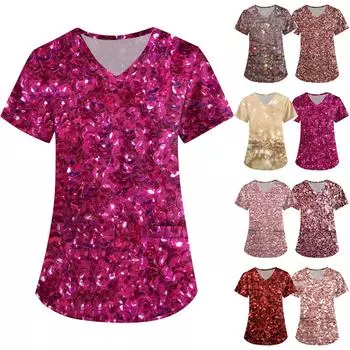 Короткий рукав для женщин мода V-образный вырез ретро принт талия завернутый топ футболка L золотой