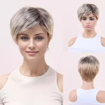 Короткий волнистый парик Ombre Blonde с челкой для женщин, синтетический парик из натуральных волос, темные корни, термостойкие парики светлый
