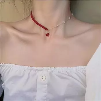 Короткое маленькое красное сердце, простое темпераментное ожерелье любви, кулон красный