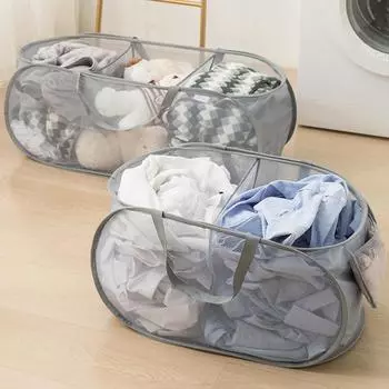 Корзины для белья 2 отделения Складные сетчатые корзины для белья Портативная корзина для хранения грязной одежды Органайзер для одежды тёмно-синий