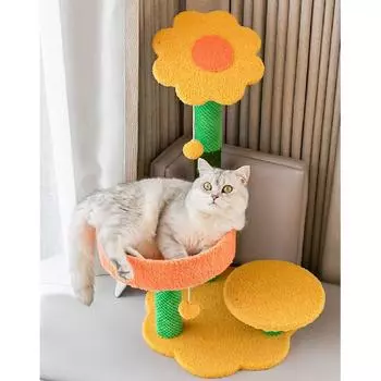 Кошачье дерево в форме подсолнуха для домашних кошек Кошачья башня с когтеточками из сизаля Башня для кошек с большой мягкой подстилкой и полностью обернутой когтеточкой из сизаля SUNFLOWER