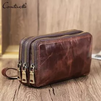 Кошельки-клатчи из натуральной кожи CONTACT S для мужчин, сумка через плечо, сумка для телефона, кошельки для карт, многофункциональная сумка с застежкой-молнией кофейный