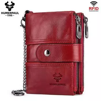 Кошельки женские из натуральной кожи с RFID-меткой, маленькие, короткие, держатель для карт с цепочкой для монет, мужская сумка для денег, качество красный