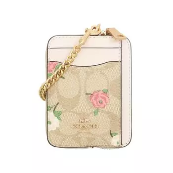 Кошелек COACH FCR971 CR971 светло-хаки x меловой многослойный с фирменным покрытием из кожи с цветочным принтом на цепочке с застежкой-молнией для карт и монет для женщин [Coach] (Чехол для монет)