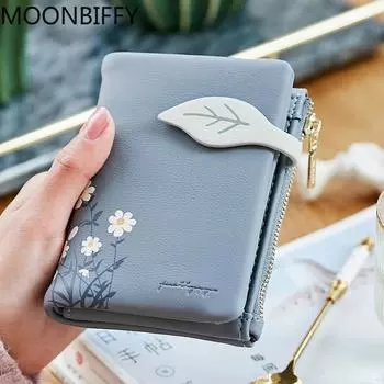 Кошелек для девочек, студенческий кошелек для монет с узором в виде листьев, дамский кошелек из мягкой искусственной кожи, маленькие короткие кошельки, женская сумка для денег на молнии чёрный