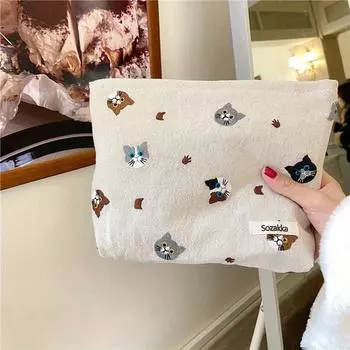 Кошка Женская косметичка Хлопковая косметичка Косметичка Дорожная сумка Чехлы-органайзеры для помады Модный клатч на молнии Телефон Кошелек чёрный
