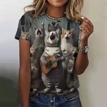 Кошки Животные Женщины Смешные 3D Printe Графики Футболки Летняя мода Короткие рукава Топы Street Slim Girl Футболка S