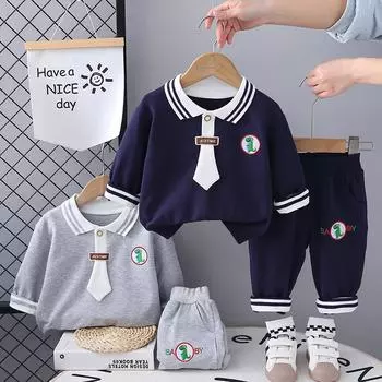 Костюм для мальчика 0-5 лет, детский топ с длинными рукавами и лацканами + повседневные штаны с завязками, комплект из двух предметов, детская модная одежда S