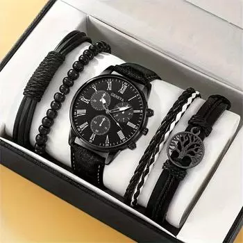 Костюмные мужские часы из 5 предметов Мужские модные кварцевые часы 5pcs чёрный