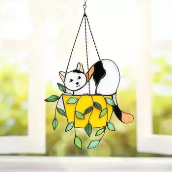 Кот в цветочном горшке, подвесное украшение для дома, офиса, в помещении, на открытом воздухе, настенное искусство, акриловое витражное стекло, горшок с котенком, подвесной орнамент, рождественский подарок