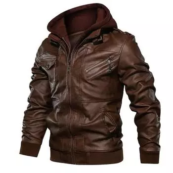 Кожаная куртка на весну, осень и зиму, мужская кожаная куртка с капюшоном, куртка для молодых мужчин, ворсистая и утолщенная кожаная куртка S коричневый